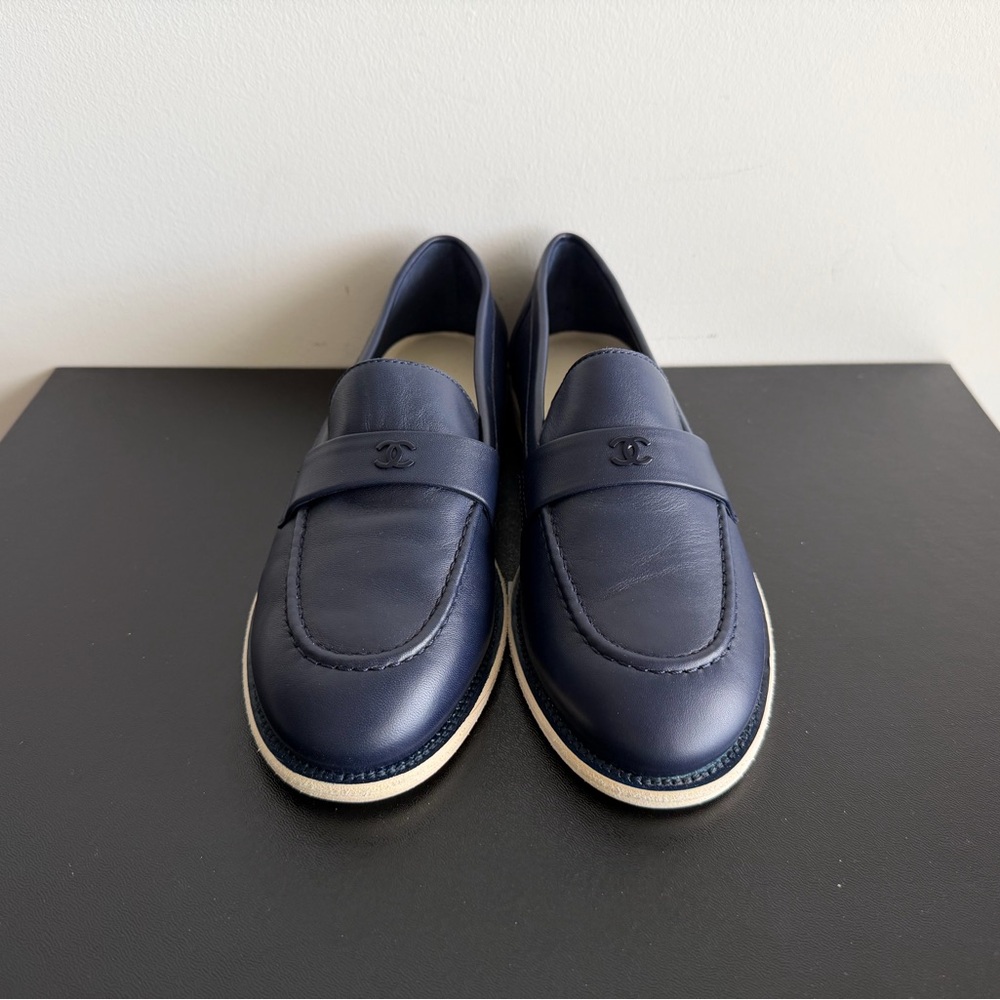 CHANEL Navy Leather Loafers